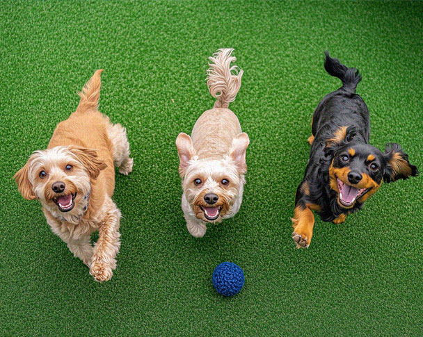 Three happy dogs with a toy